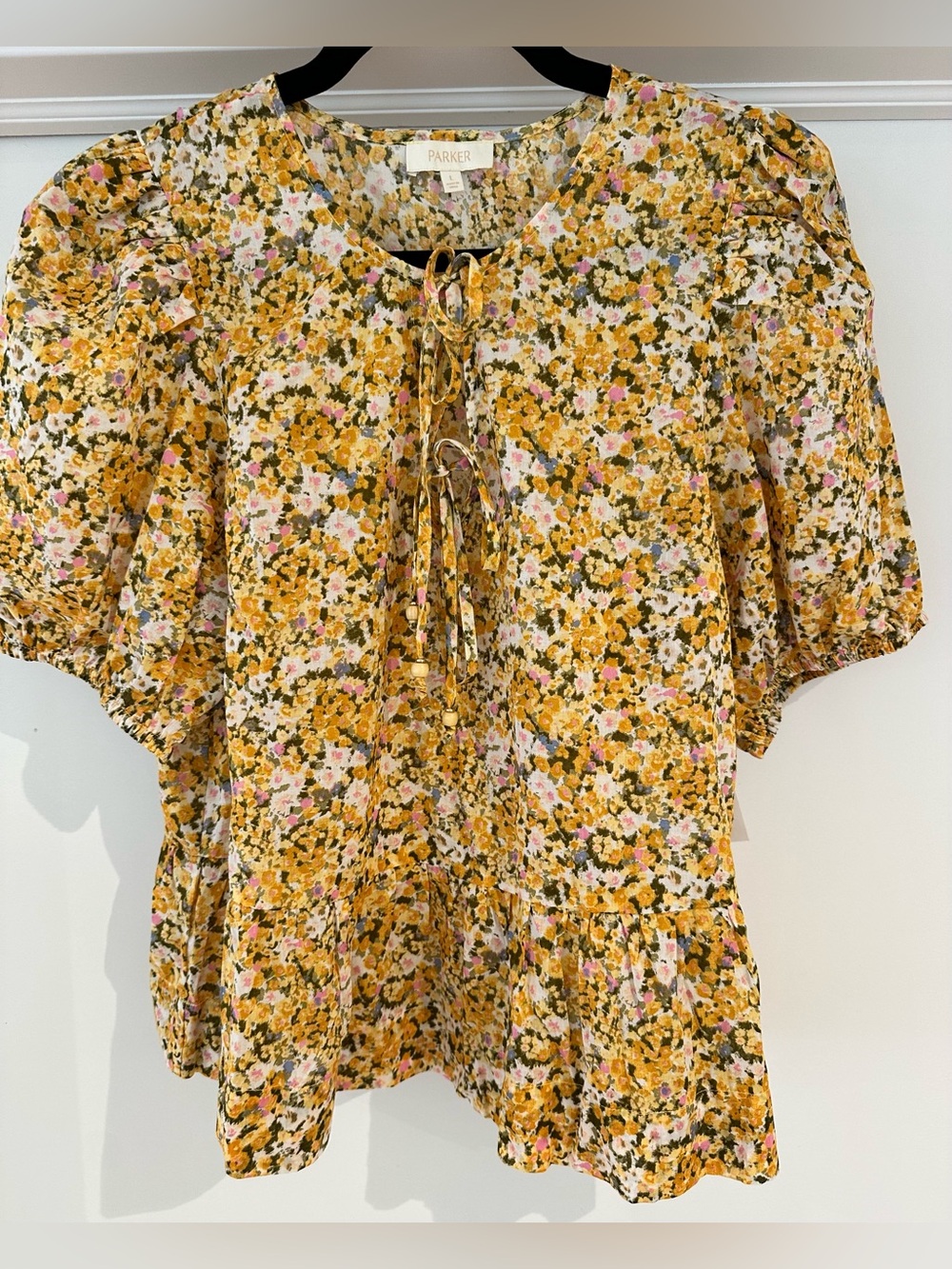 Parker Women's Alina Tie-Front Peplum Top Dandelion Print NWT Puff Sleeve Size L